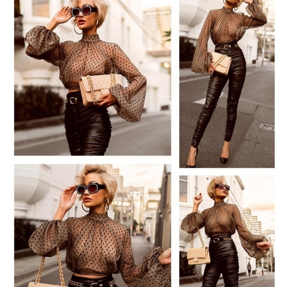 Women's Black Lace Polka Dot Turtleneck Long Sleeve Blouse - Picture 9 of 13